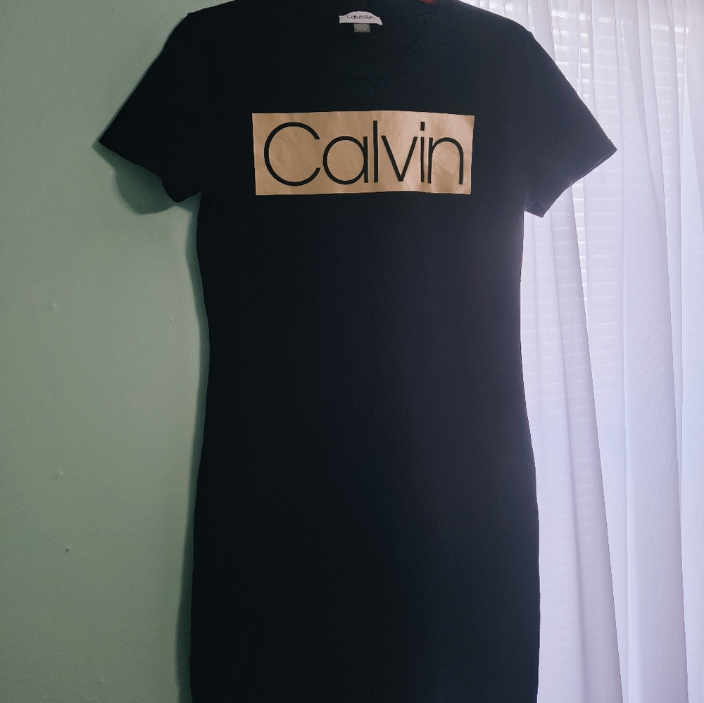 Calvin Klein Black TShirt Dress with Gold Logo
